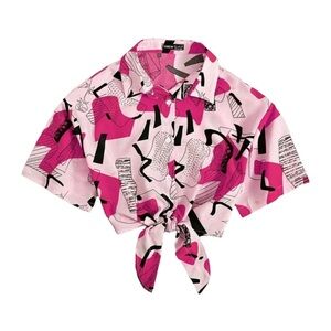 SHEIN Essnce Graphic Print Tie Front Crop Shirt Short Sleeve Size XL Pink Black